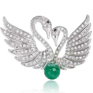 swan couple rhinestone & jade brooch / pendant